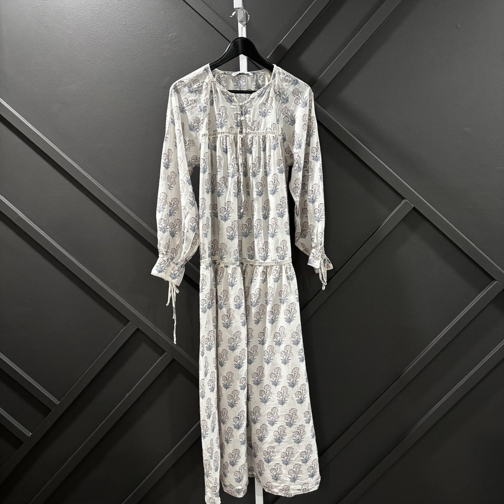 Zara Dress Womens Size L Cream Floral Print Tiered Midi Long Sleeve Boho